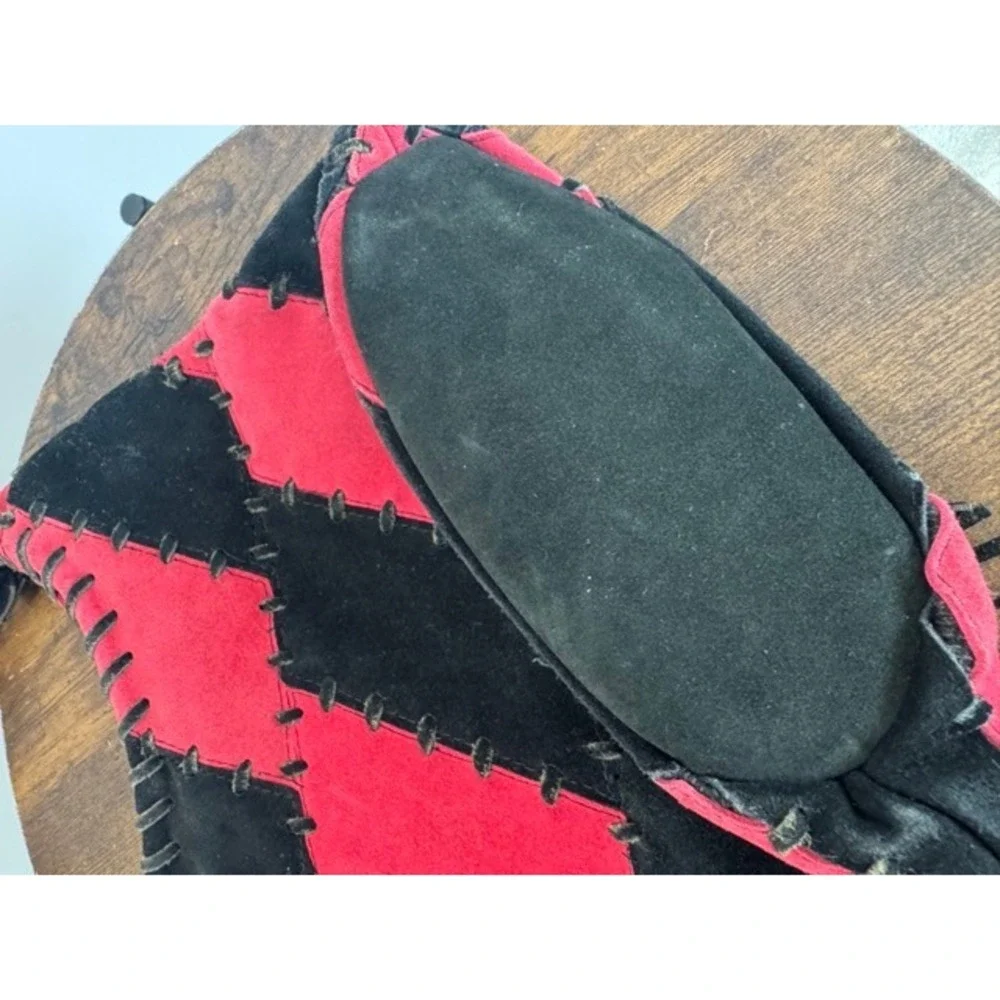 Vintage Red Black Patchwork Suede Floral Whipstitch Hobo Bag Boho Y2K Statement